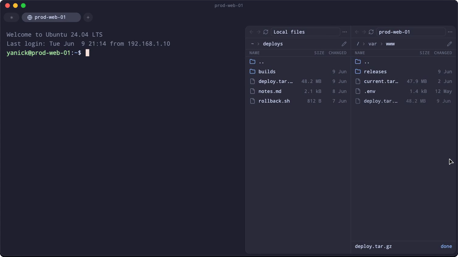 Prmpt terminal with built-in dual-pane SFTP file browser showing local and remote files